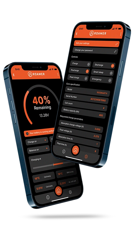 Roamer's SMART BMS app displayed on two iPhones side by side