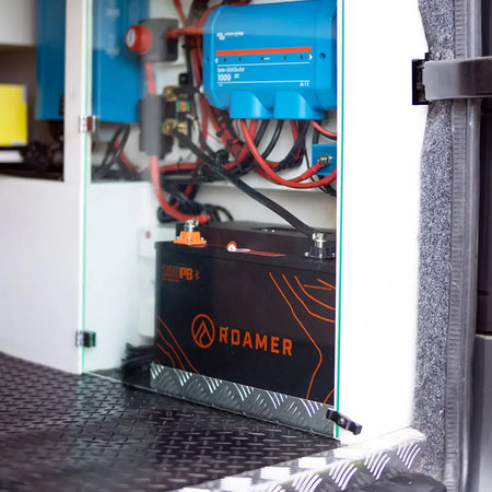 Roamer battery and electrical system  in the back of a campervan.