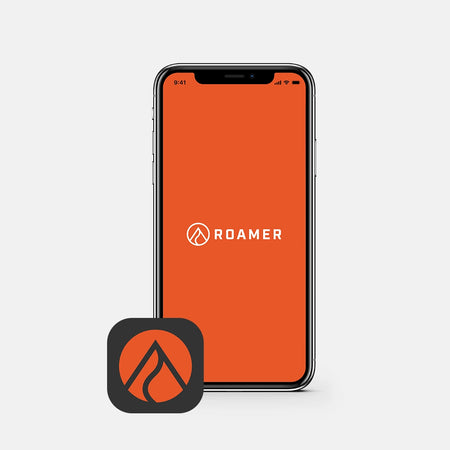 Roamer's SMART BMS app inside an iPhone frame with the Roamer logo placed on top. White background.